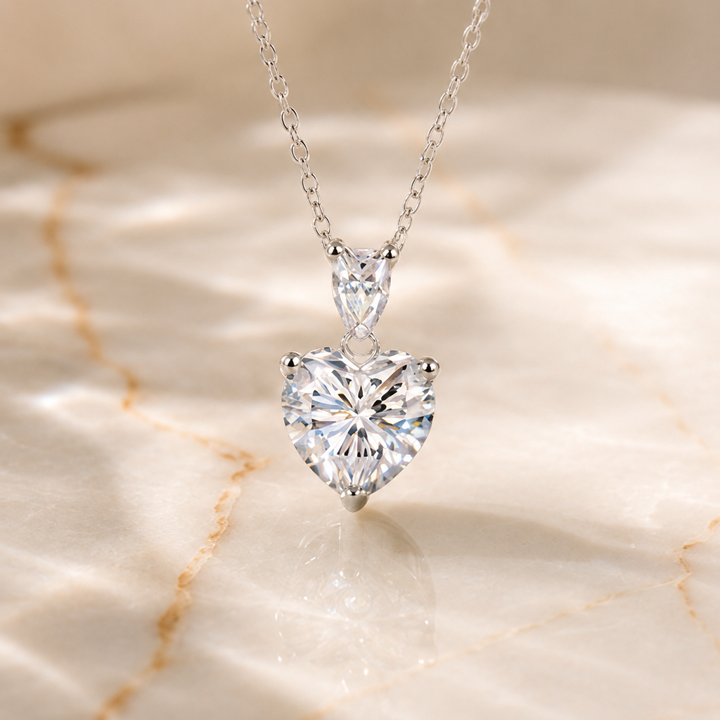 2ct heart cut moissanite necklace with pear accent in S925 sterling silver