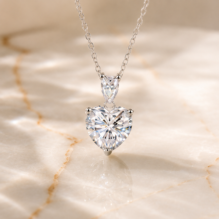 2ct heart cut moissanite necklace with pear accent in S925 sterling silver