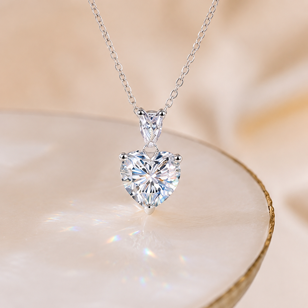 Close-up of a 2ct heart cut moissanite and pear accent pendant