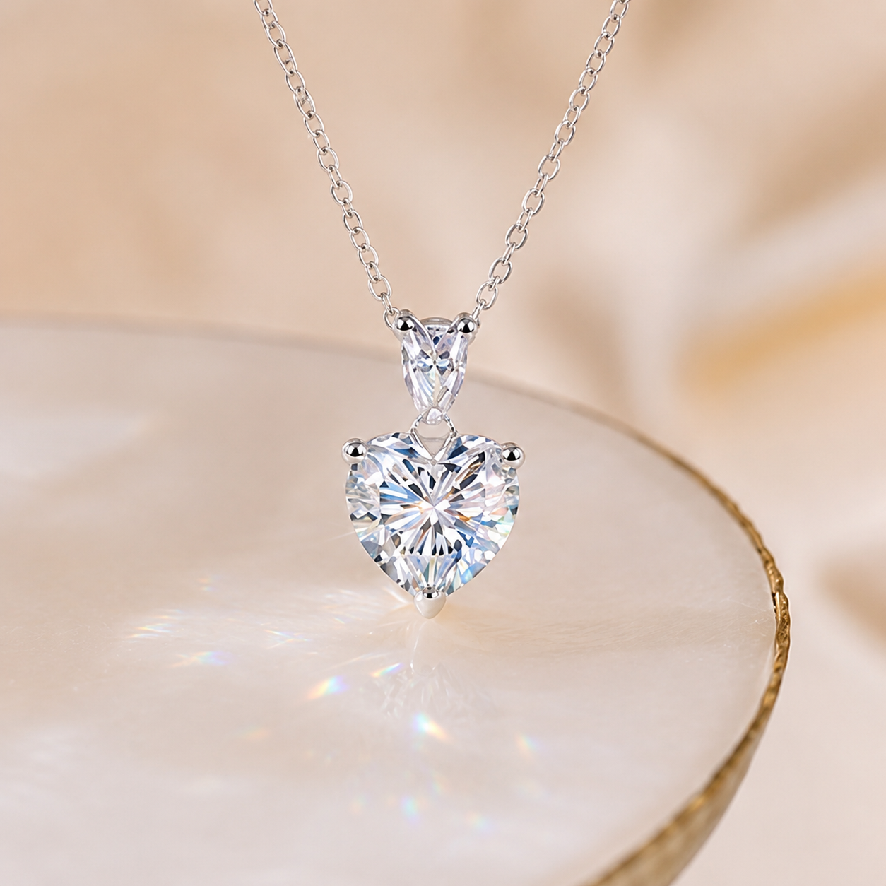 Close-up of a 2ct heart cut moissanite and pear accent pendant