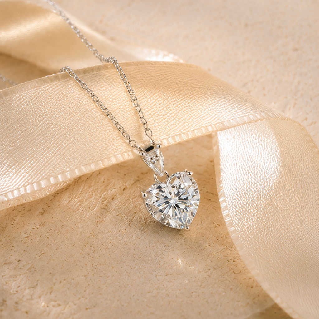 2ct heart moissanite necklace styled with champagne ribbon