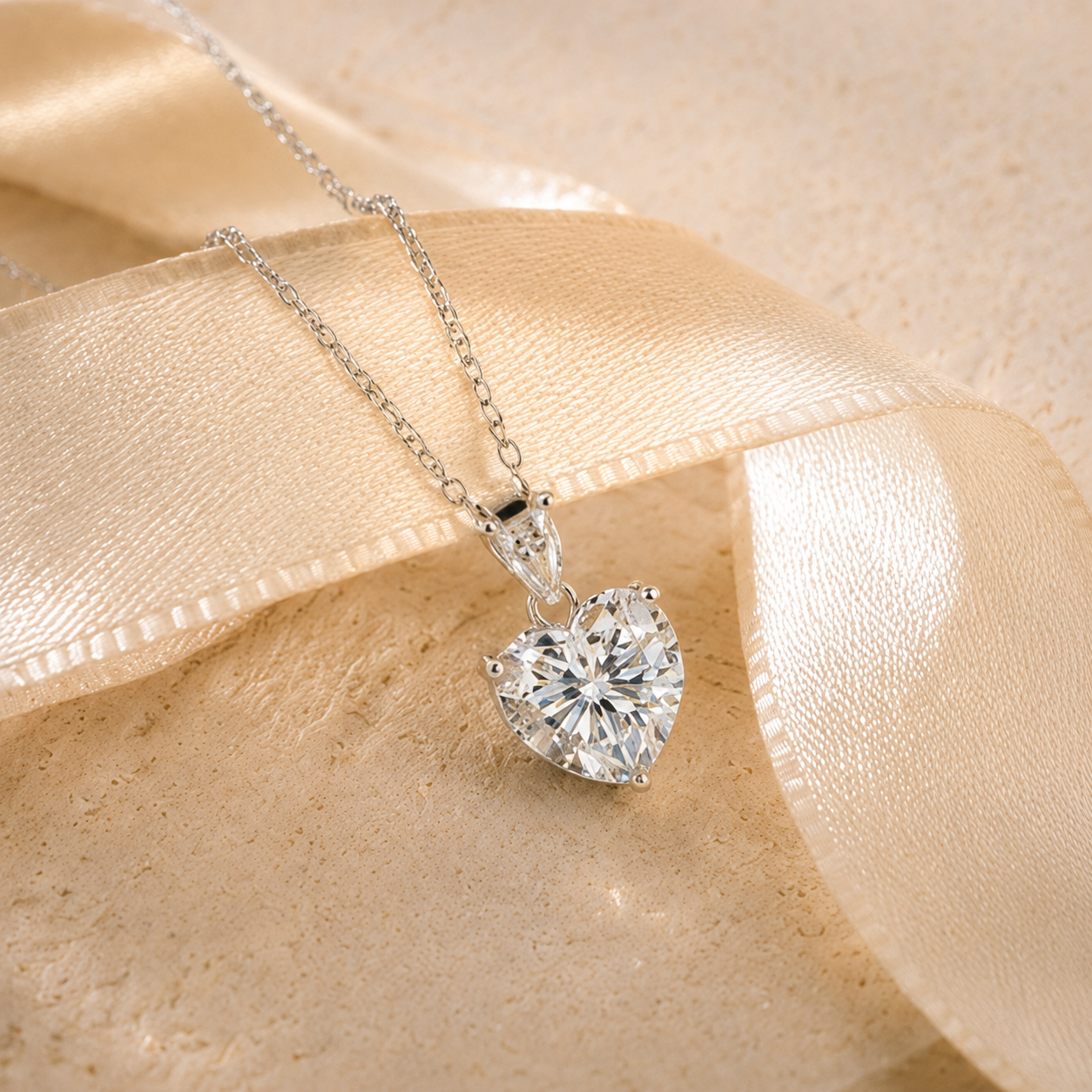2ct heart moissanite necklace styled with champagne ribbon