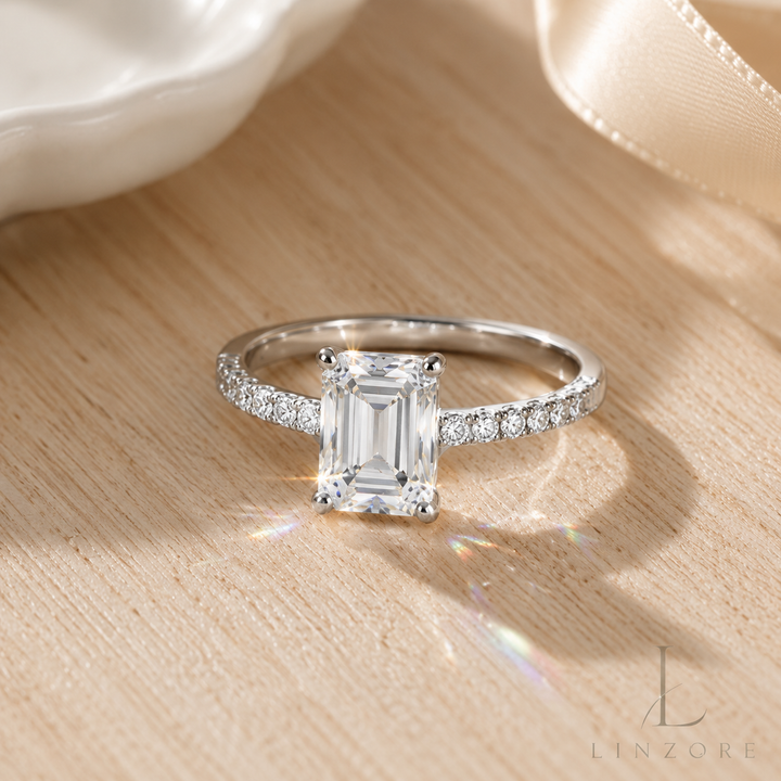 2ct Emerald Cut Moissanite Ring S925 Sterling Silver - Pave Band Solitaire