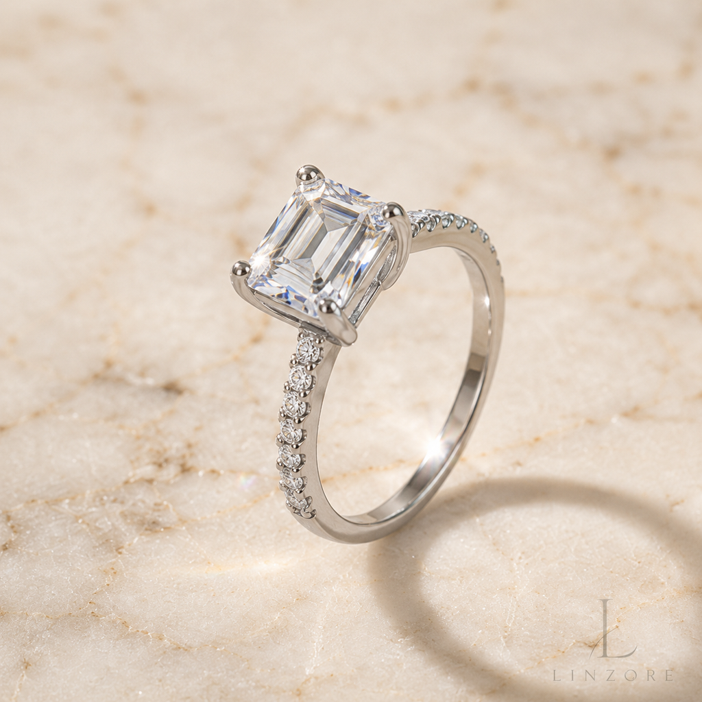 2ct Emerald Cut Moissanite Ring S925 Sterling Silver - Pave Band Solitaire