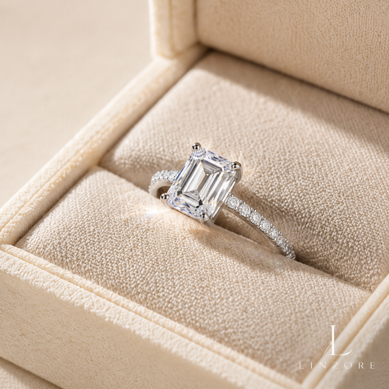 2ct Emerald Cut Moissanite Ring S925 Sterling Silver - Pave Band Solitaire