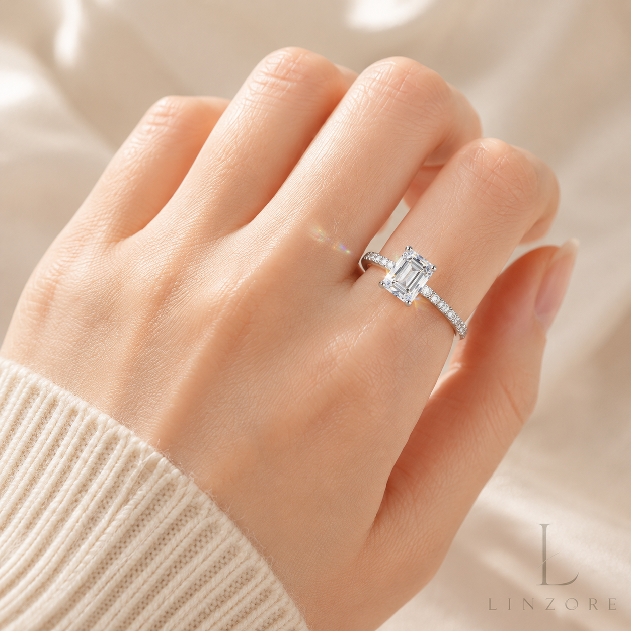 2ct Emerald Cut Moissanite Ring S925 Sterling Silver - Pave Band Solitaire