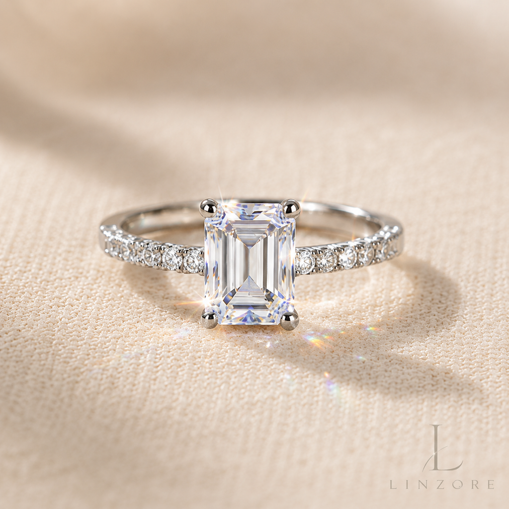 2ct Emerald Cut Moissanite Ring S925 Sterling Silver - Pave Band Solitaire