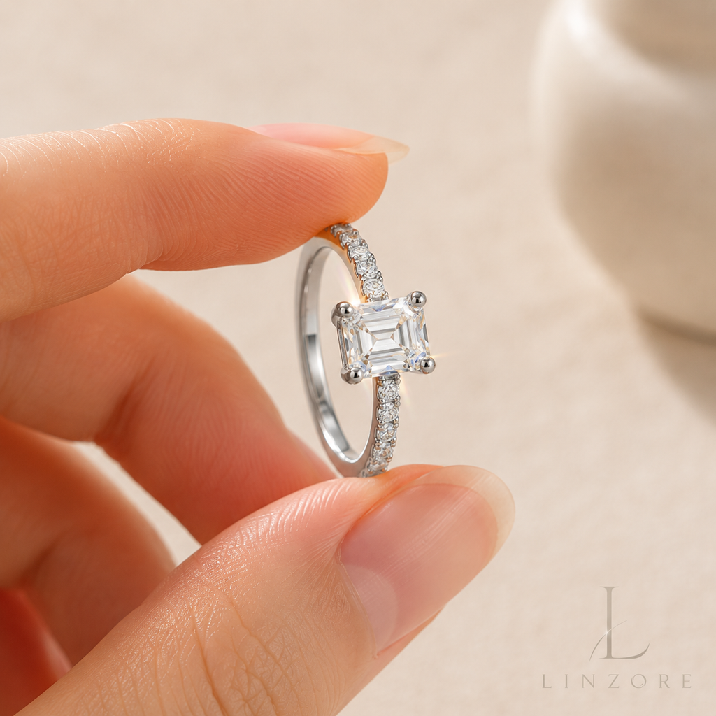 2ct Emerald Cut Moissanite Ring S925 Sterling Silver - Pave Band Solitaire