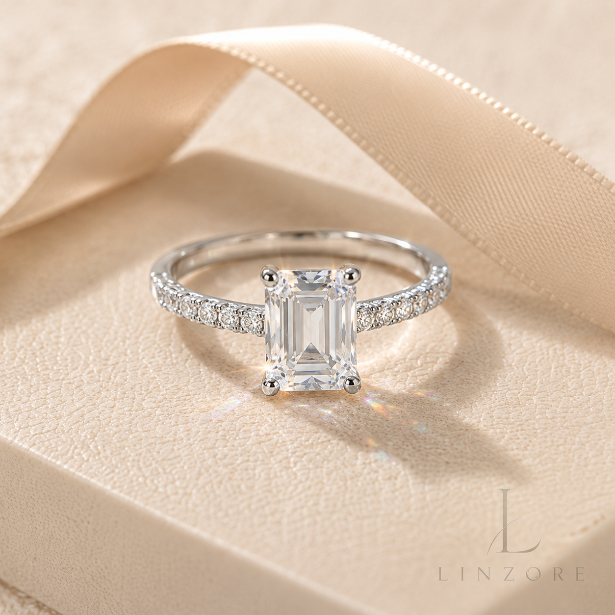 2ct Emerald Cut Moissanite Ring S925 Sterling Silver - Pave Band Solitaire