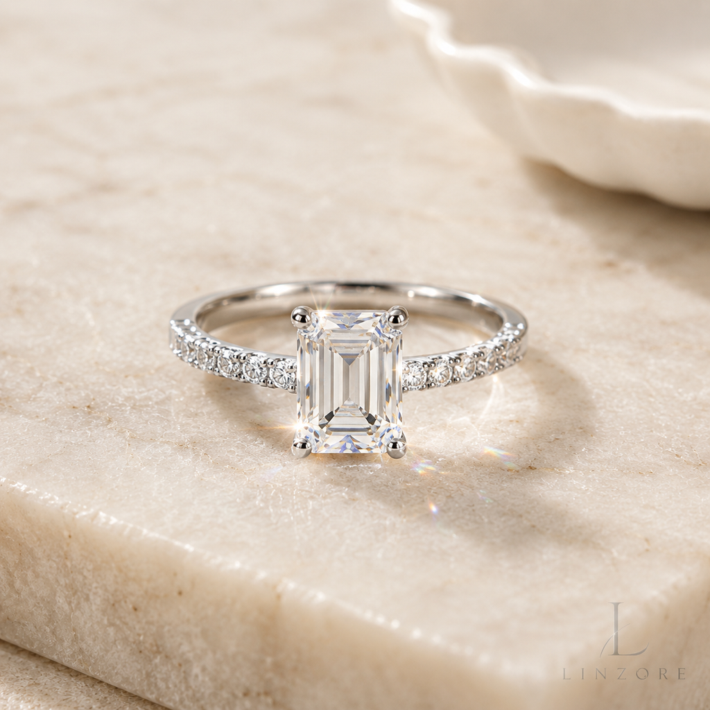 2ct Emerald Cut Moissanite Ring S925 Sterling Silver - Pave Band Solitaire