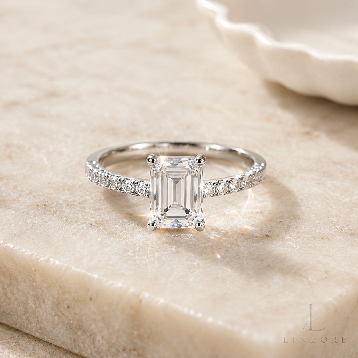 2ct Emerald Cut Moissanite Ring S925 Sterling Silver - Pave Band Solitaire