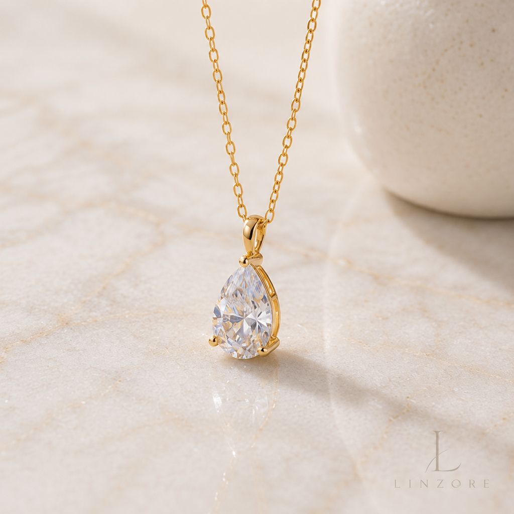 1-4ct Pear Cut Moissanite Drop Necklace S925 Sterling Silver - Gold Tone Pendant