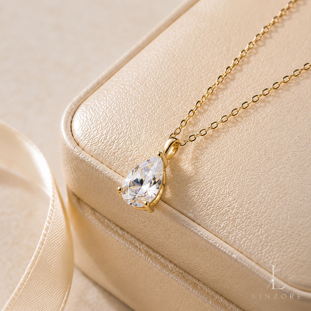 1-4ct Pear Cut Moissanite Drop Necklace S925 Sterling Silver - Gold Tone Pendant
