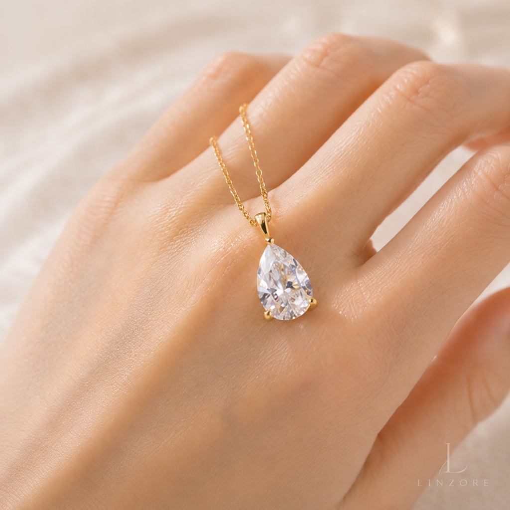 1-4ct Pear Cut Moissanite Drop Necklace S925 Sterling Silver - Gold Tone Pendant