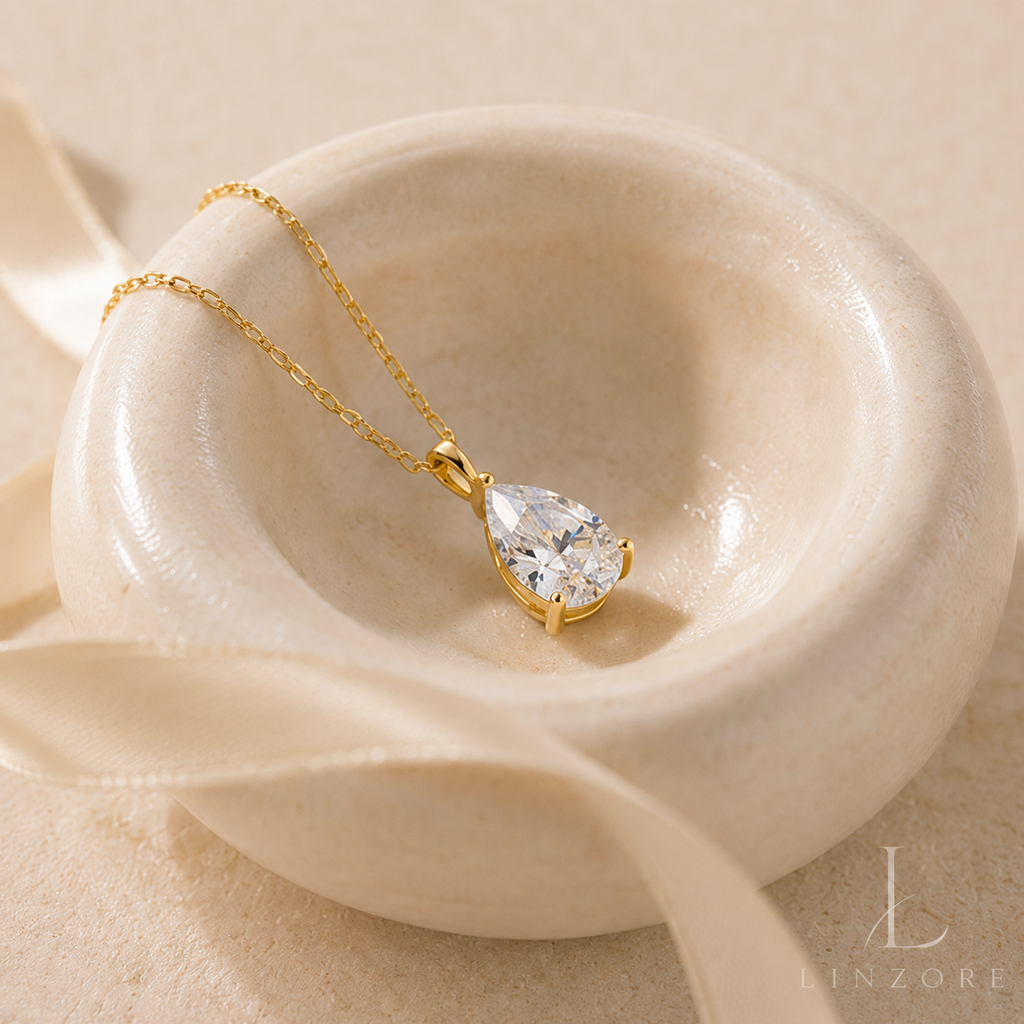 1-4ct Pear Cut Moissanite Drop Necklace S925 Sterling Silver - Gold Tone Pendant