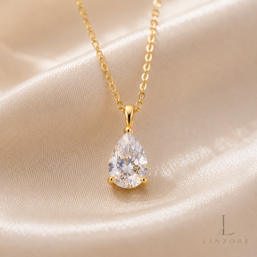 1-4ct Pear Cut Moissanite Drop Necklace S925 Sterling Silver - Gold Tone Pendant