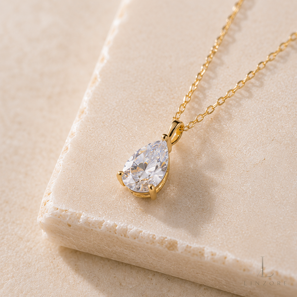 1-4ct Pear Cut Moissanite Drop Necklace S925 Sterling Silver - Gold Tone Pendant