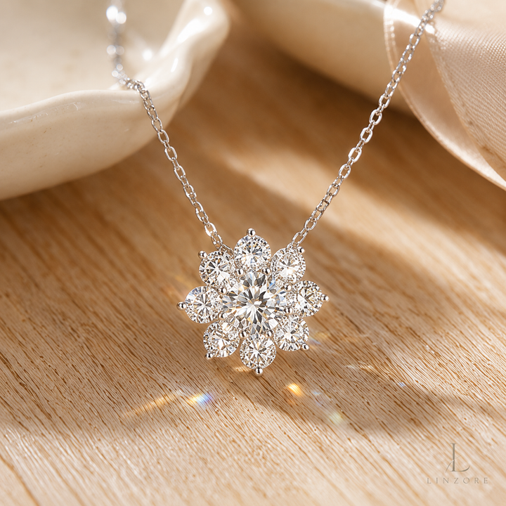 3-7ct Total Snowflake Moissanite Necklace S925 Sterling Silver - Floral Halo Pendant