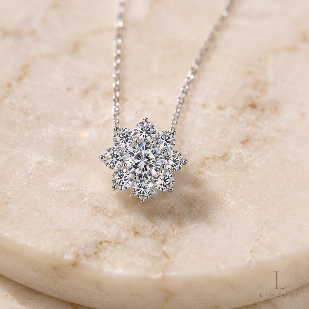 3-7ct Total Snowflake Moissanite Necklace S925 Sterling Silver - Floral Halo Pendant