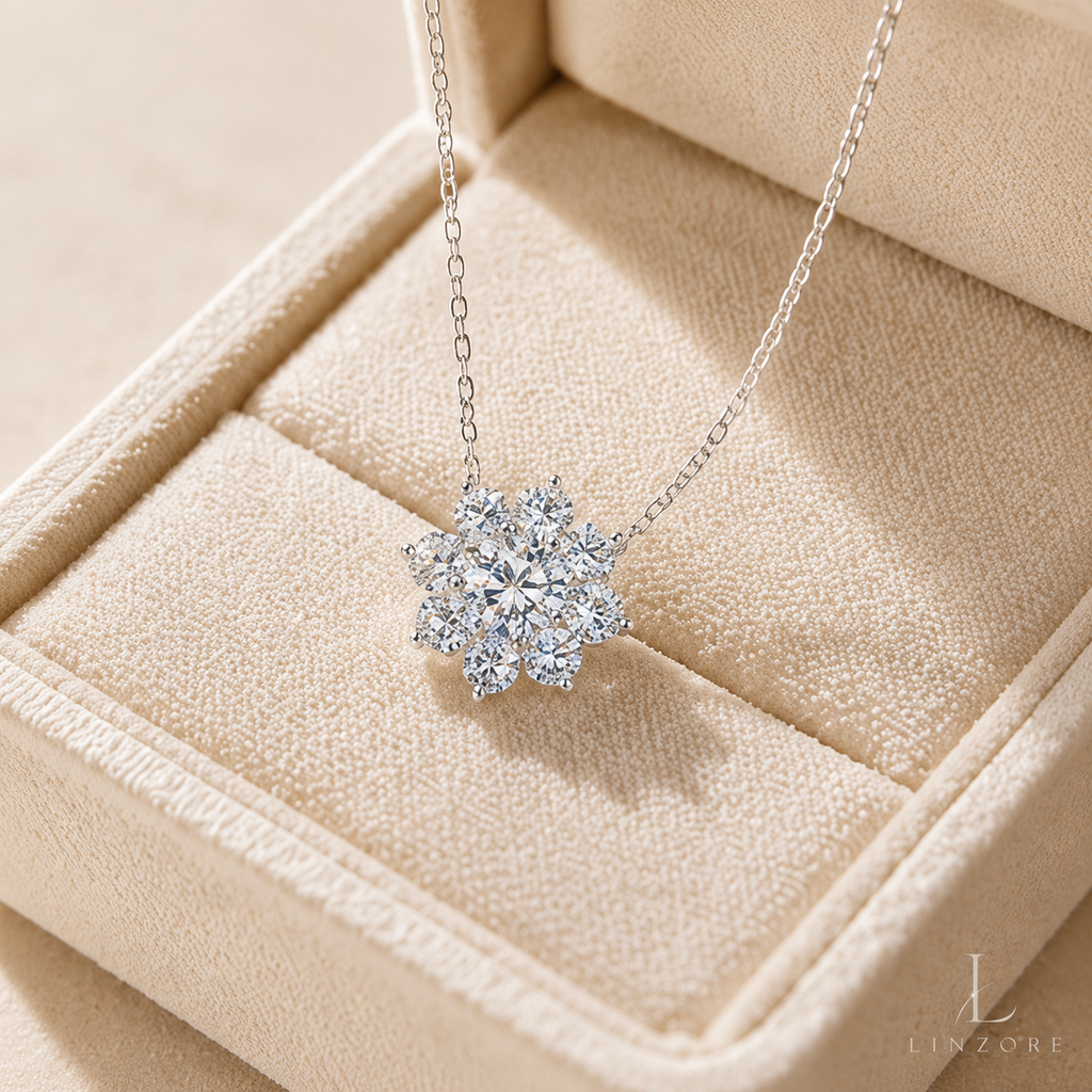 3-7ct Total Snowflake Moissanite Necklace S925 Sterling Silver - Floral Halo Pendant