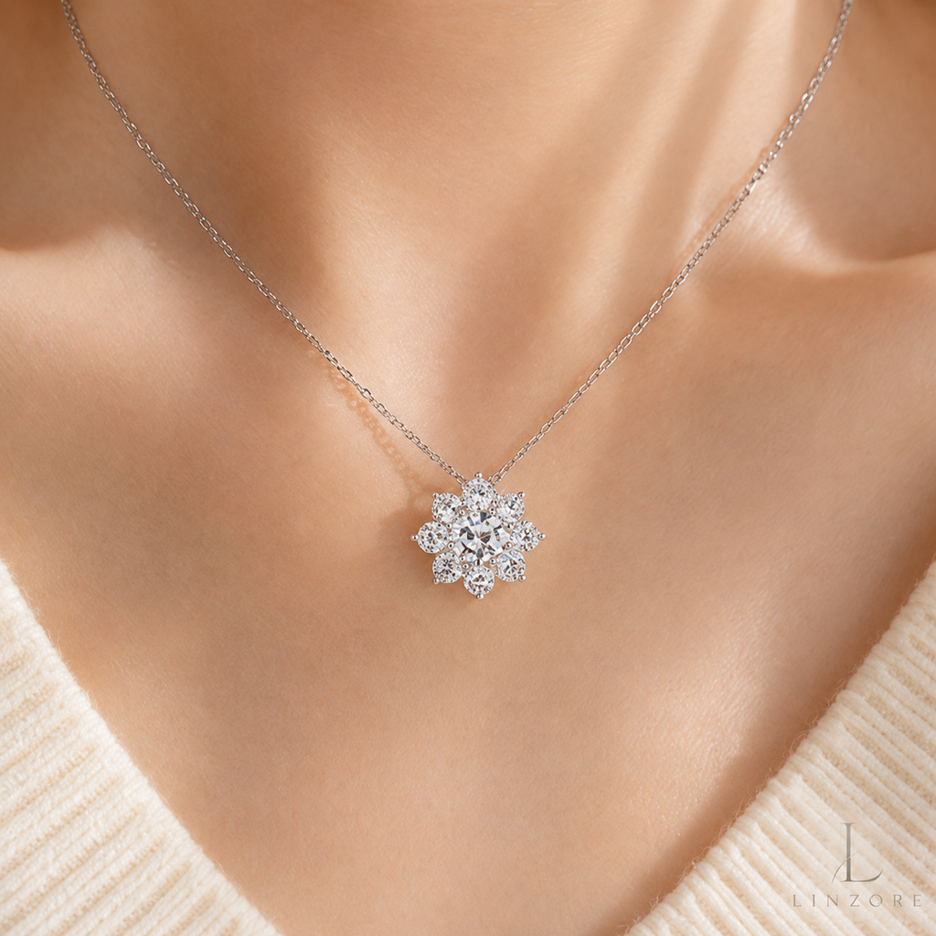 3-7ct Total Snowflake Moissanite Necklace S925 Sterling Silver - Floral Halo Pendant