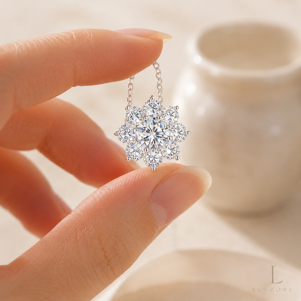 3-7ct Total Snowflake Moissanite Necklace S925 Sterling Silver - Floral Halo Pendant
