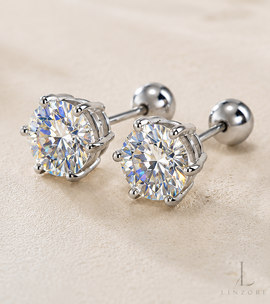 0.5-4ct Each Round Moissanite Stud Earrings Pair S925 Sterling Silver - Classic Basket Setting