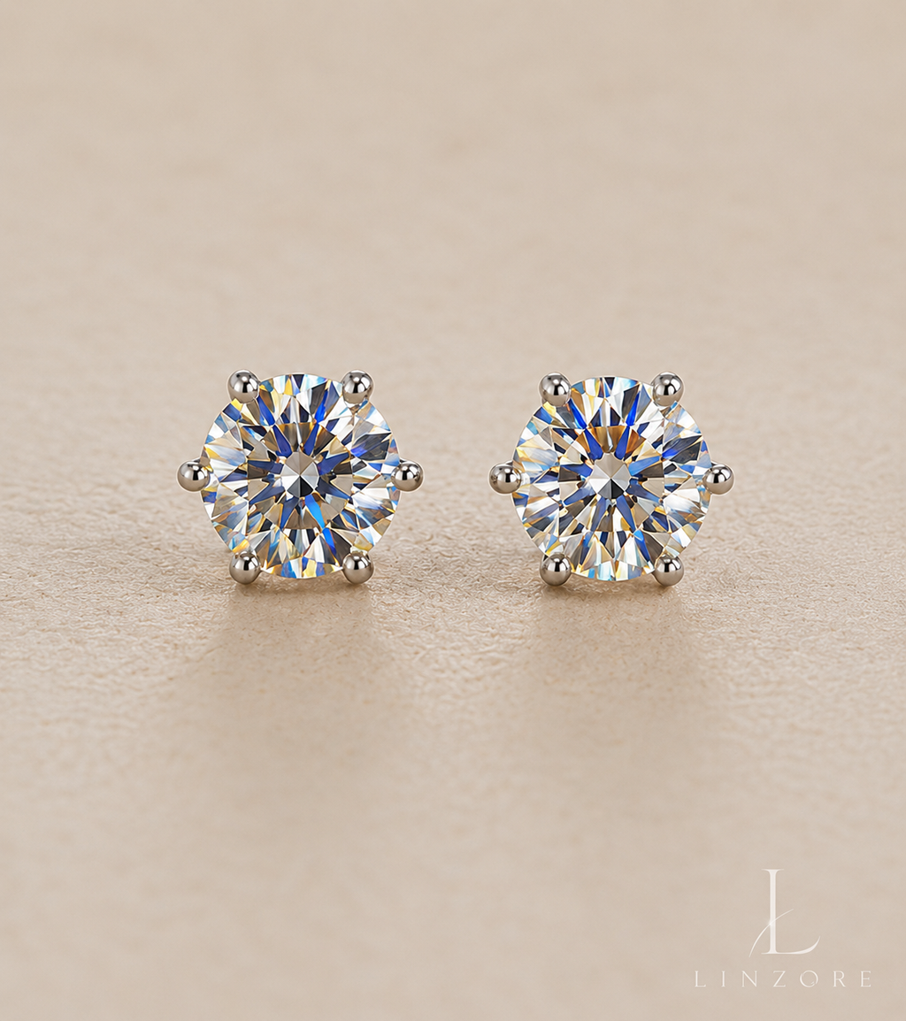 0.5-4ct Each Round Moissanite Stud Earrings Pair S925 Sterling Silver - Classic Basket Setting