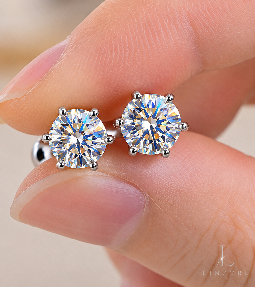 0.5-4ct Each Round Moissanite Stud Earrings Pair S925 Sterling Silver - Classic Basket Setting