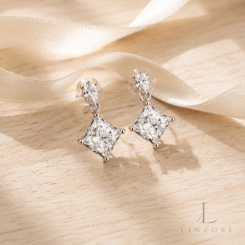 0.5ct Each Princess Cut Moissanite Drop Earrings Pair S925 Sterling Silver - Square Halo