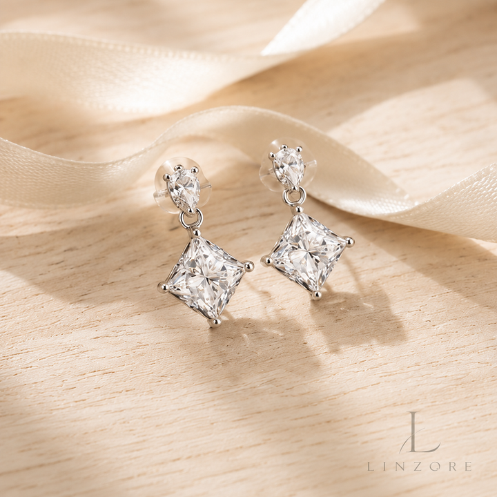 0.5ct Each Princess Cut Moissanite Drop Earrings Pair S925 Sterling Silver - Square Halo