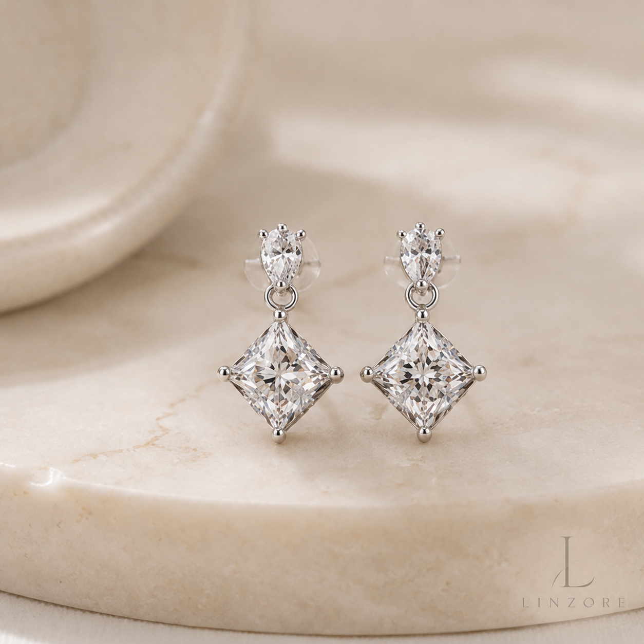 0.5ct Each Princess Cut Moissanite Drop Earrings Pair S925 Sterling Silver - Square Halo