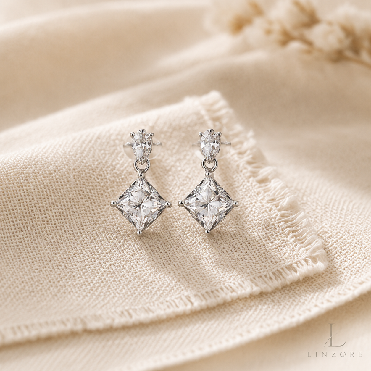 0.5ct Each Princess Cut Moissanite Drop Earrings Pair S925 Sterling Silver - Square Halo