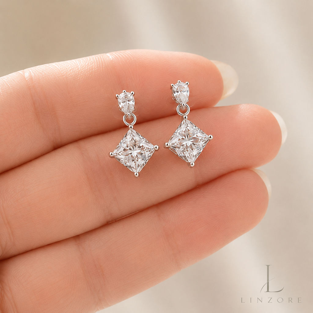 0.5ct Each Princess Cut Moissanite Drop Earrings Pair S925 Sterling Silver - Square Halo