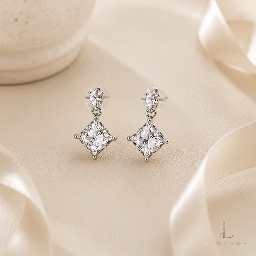 0.5ct Each Princess Cut Moissanite Drop Earrings Pair S925 Sterling Silver - Square Halo