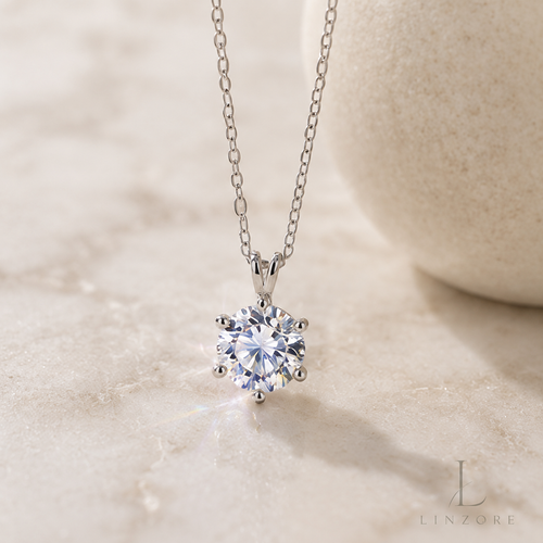 1-2ct Round Moissanite Necklace S925 Sterling Silver - Six-Prong Floral Pendant