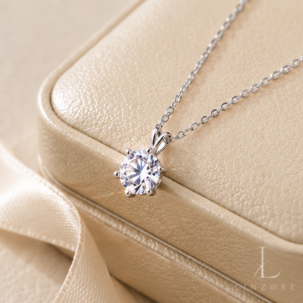 1-2ct Round Moissanite Necklace S925 Sterling Silver - Six-Prong Floral Pendant