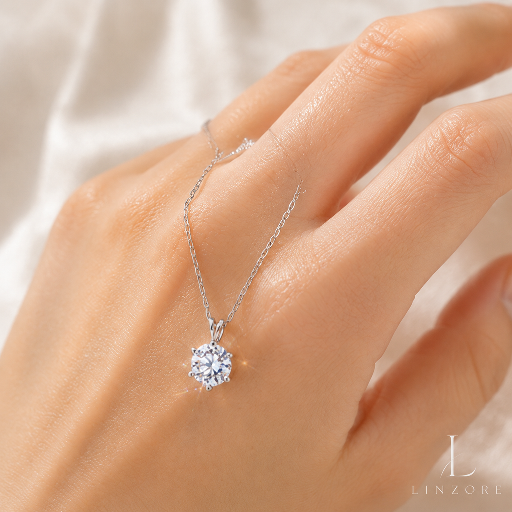 1-2ct Round Moissanite Necklace S925 Sterling Silver - Six-Prong Floral Pendant