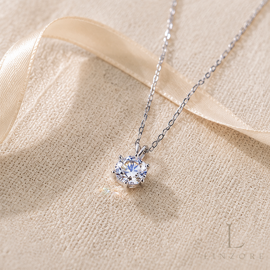 1-2ct Round Moissanite Necklace S925 Sterling Silver - Six-Prong Floral Pendant