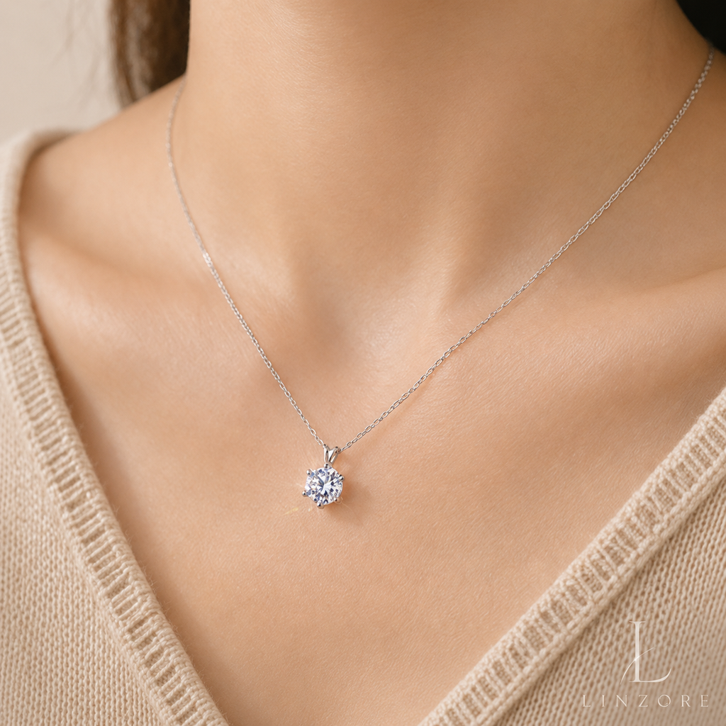 1-2ct Round Moissanite Necklace S925 Sterling Silver - Six-Prong Floral Pendant