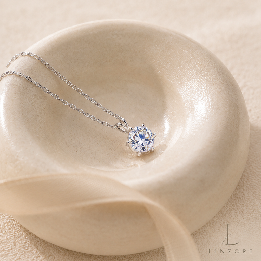 1-2ct Round Moissanite Necklace S925 Sterling Silver - Six-Prong Floral Pendant