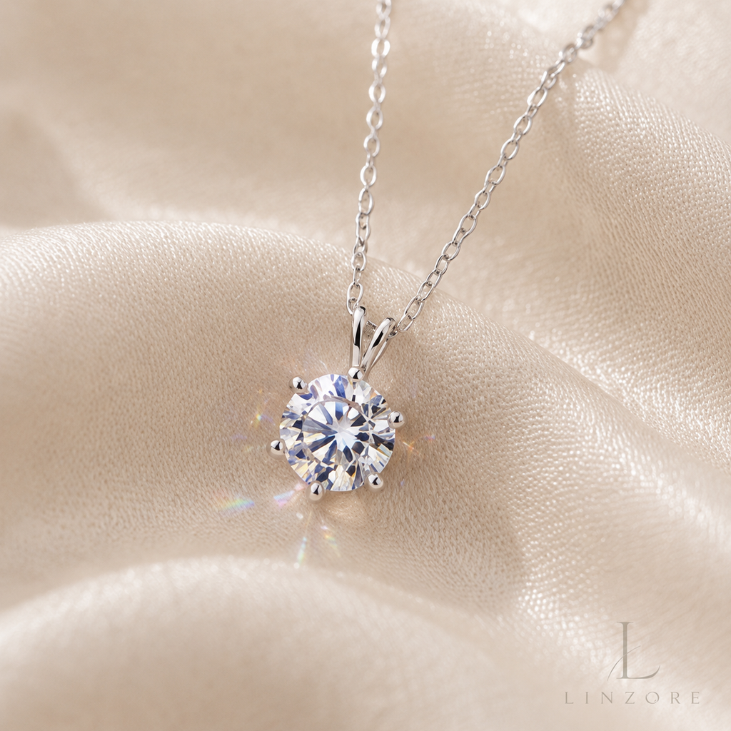 1-2ct Round Moissanite Necklace S925 Sterling Silver - Six-Prong Floral Pendant