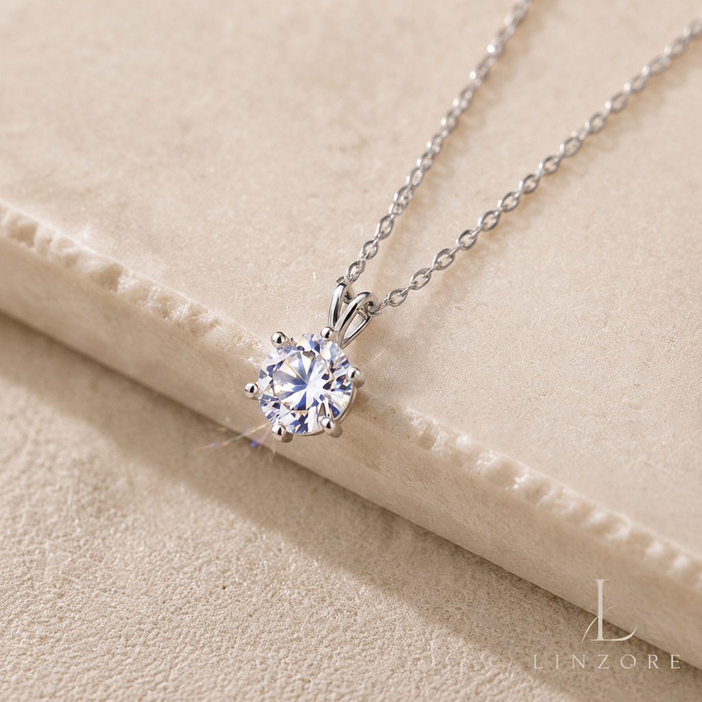1-2ct Round Moissanite Necklace S925 Sterling Silver - Six-Prong Floral Pendant