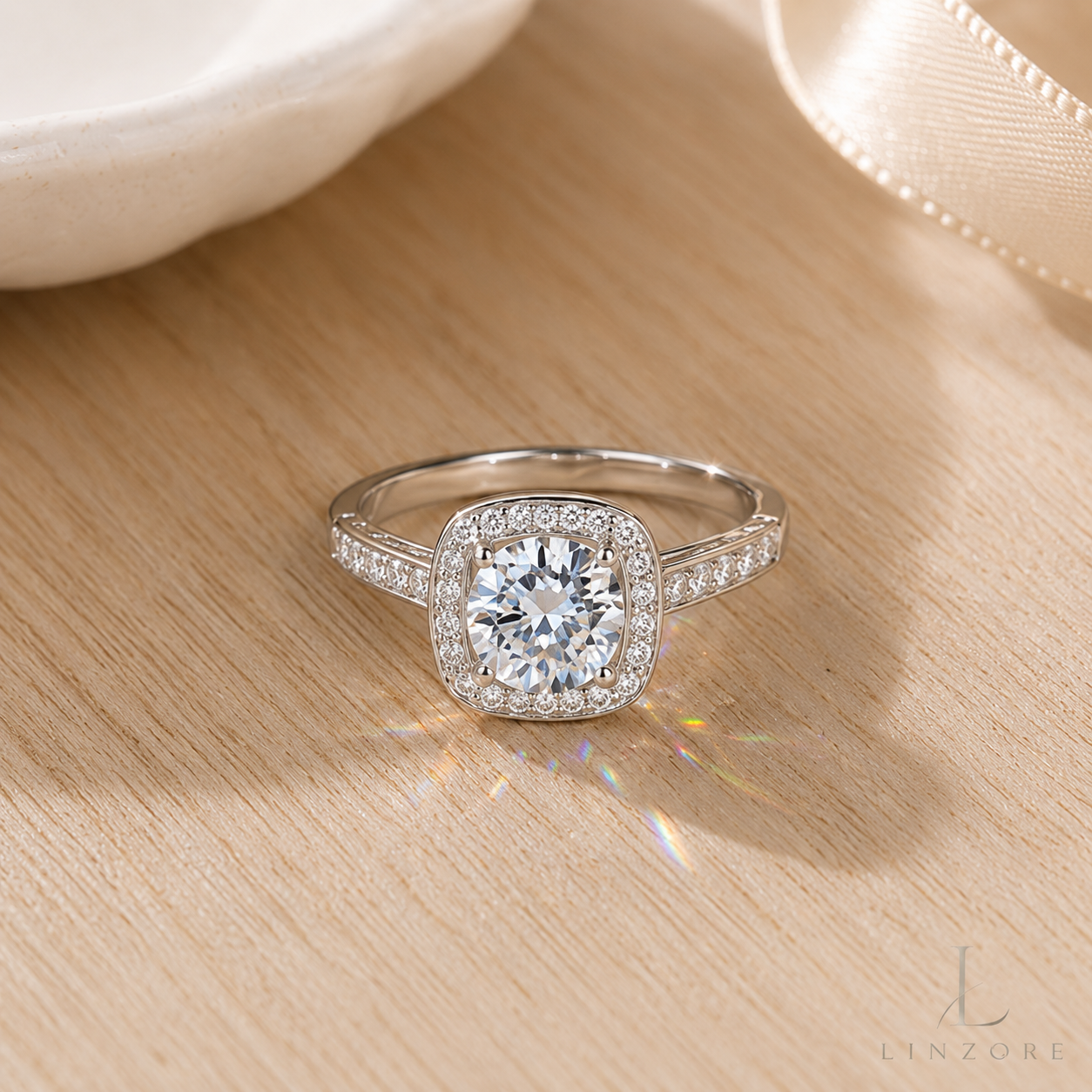 Adjustable Moissanite Ring S925 Sterling Silver - Classic Cushion Halo