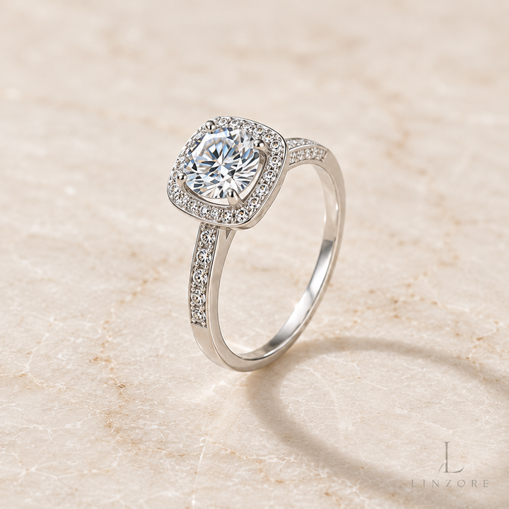 Adjustable Moissanite Ring S925 Sterling Silver - Classic Cushion Halo