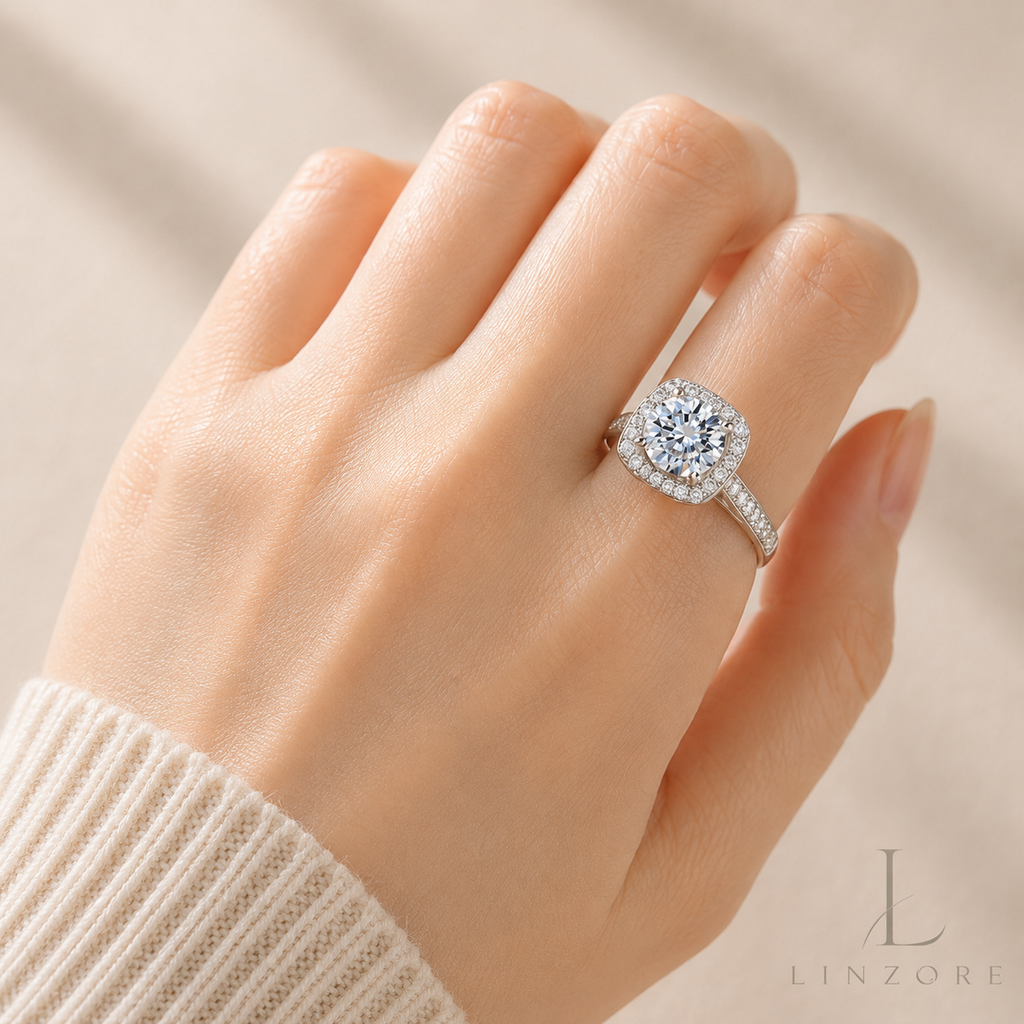 Adjustable Moissanite Ring S925 Sterling Silver - Classic Cushion Halo