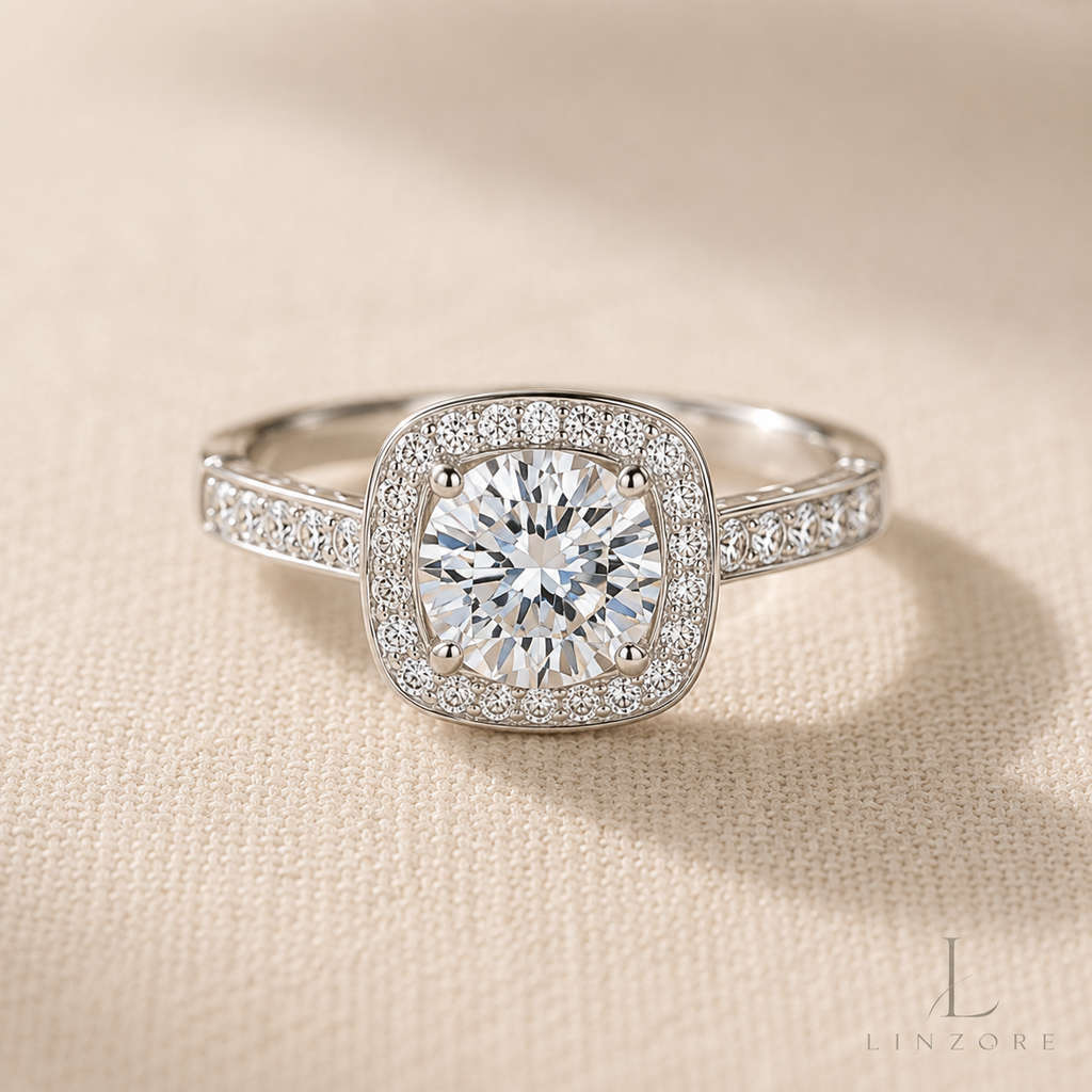 Adjustable Moissanite Ring S925 Sterling Silver - Classic Cushion Halo