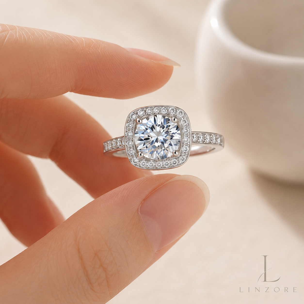 Adjustable Moissanite Ring S925 Sterling Silver - Classic Cushion Halo