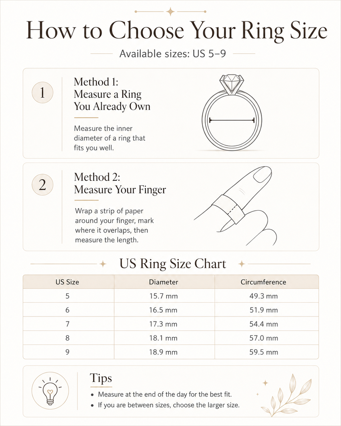 How to choose your ring size, US sizes 5 to 9 chart